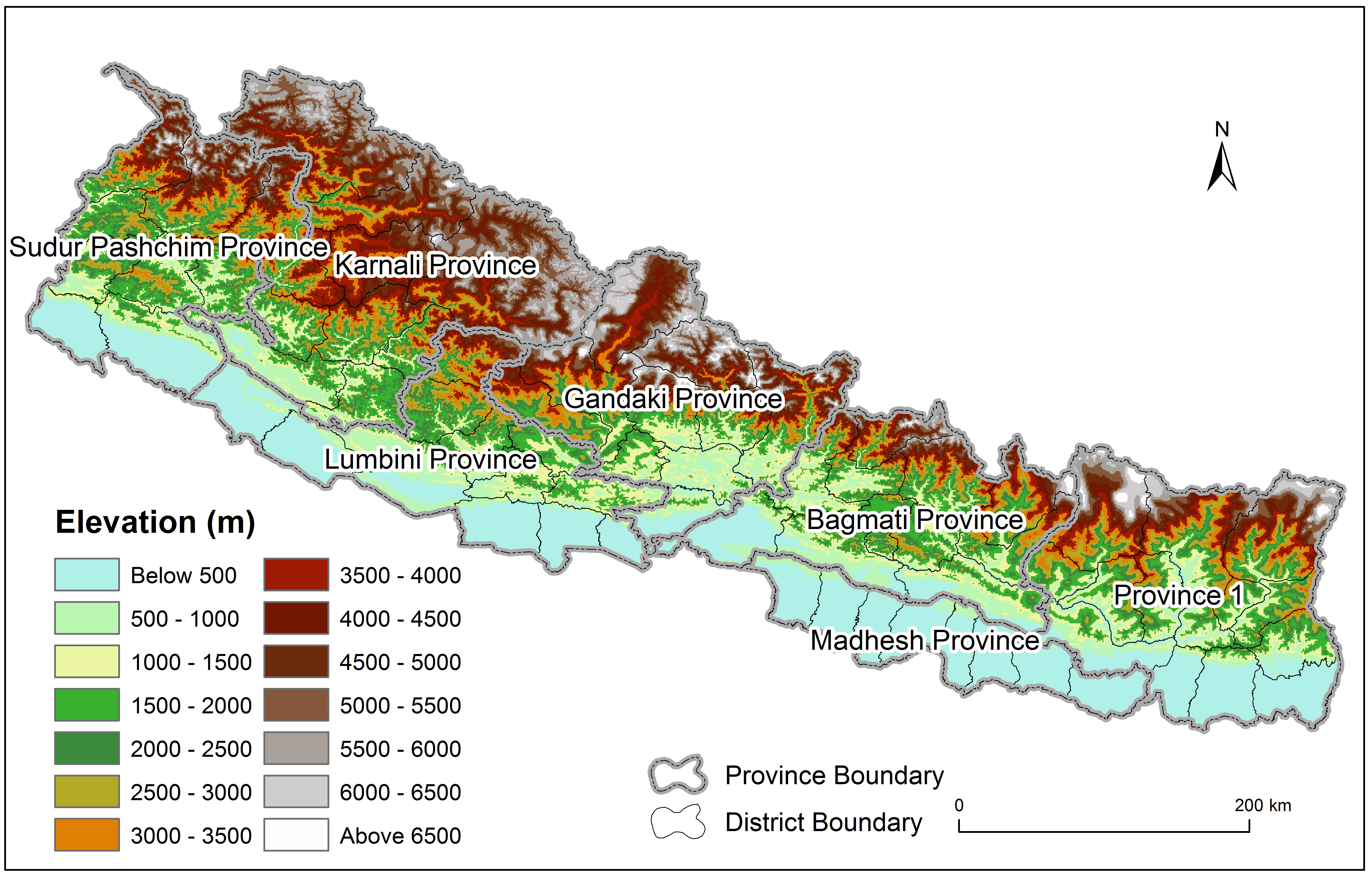 Elevation map of Nepal by province